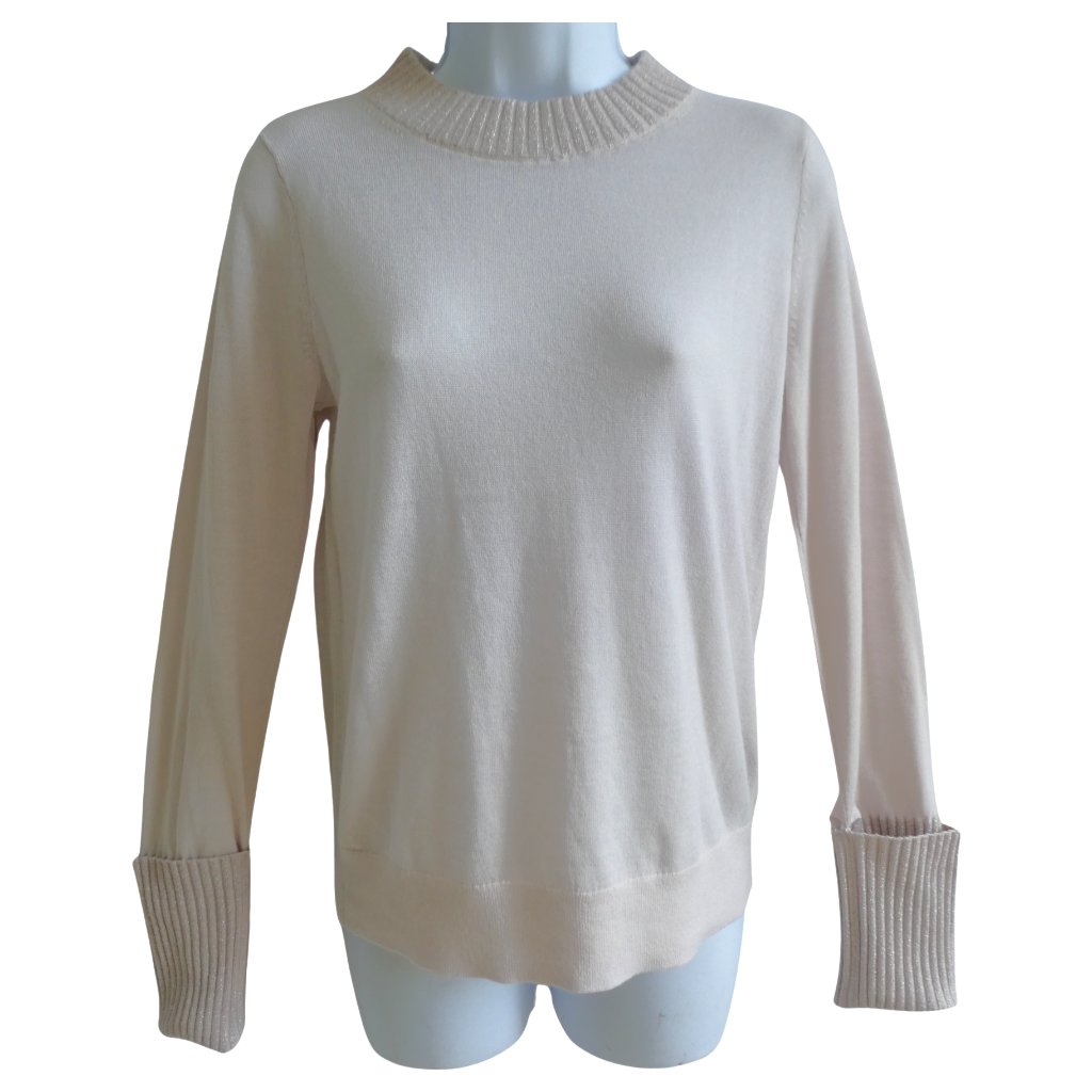 Club Monaco Sweater Ribbed Knit Metallic Crewneck Long Cuffs Crme Wool Blend M